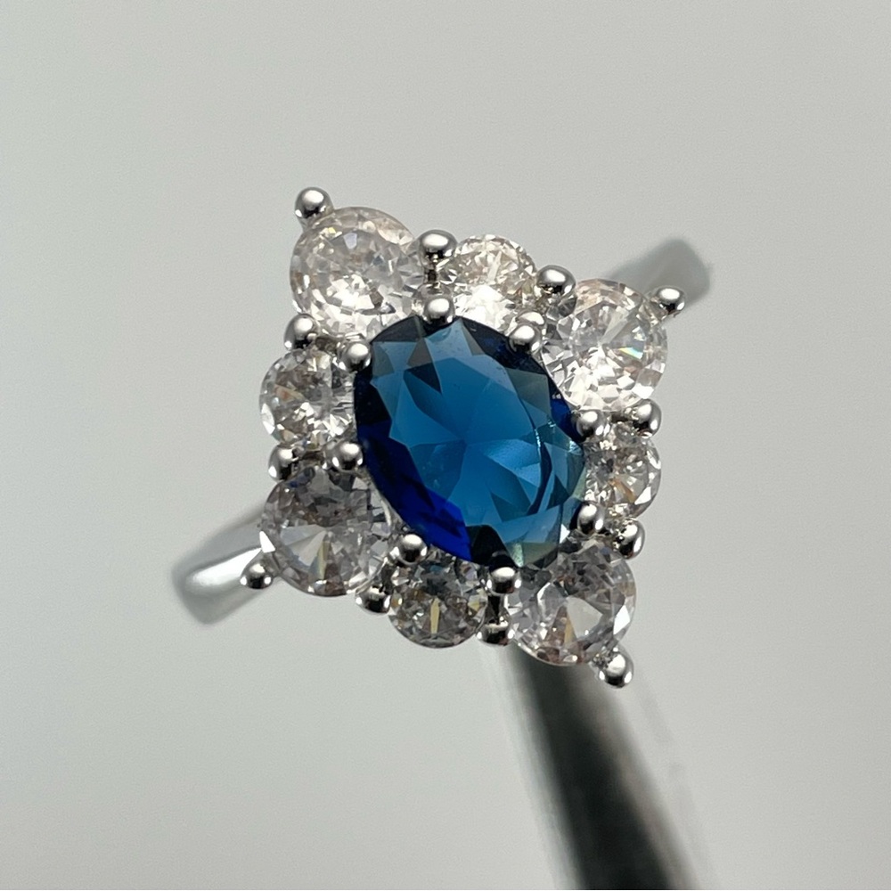 Silver Sapphire Blue Diamond White CZ Oval Cut Marquise Halo Ring Art Deco